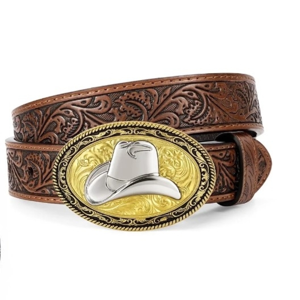 Boys Brown Embossed Leather Belt with Western Cowboy Hat Buckle